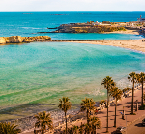 Panoramablick auf eine K&uuml;stenpromenade mit Palmen und einem goldenen Sandstrand in Tunesien, eingerahmt vom t&uuml;rkisblauen Mittelmeer und historischer Architektur im Hintergrund.