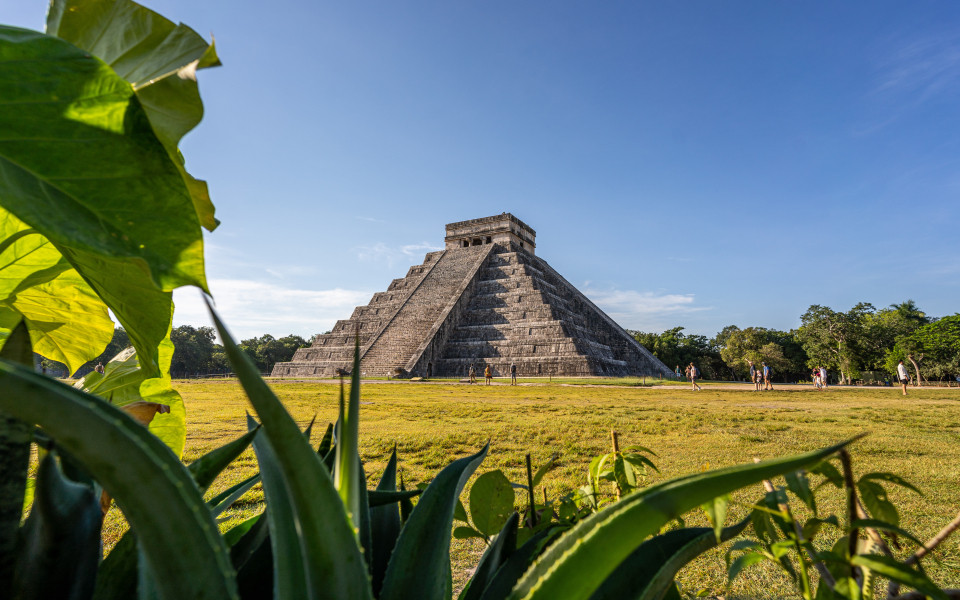 Pyramide in Chichen Itza mit Pflanzen im Vordergrund.